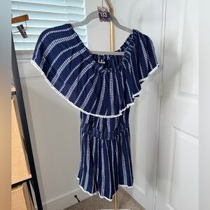 133. Lulus See Ya There Navy Blue Print Off-the-Shoulder Romper